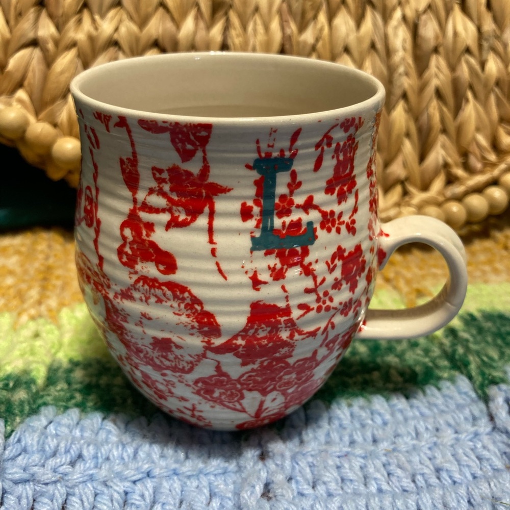 Anthropologie Red Floral L Letter Mug - Damage TLC